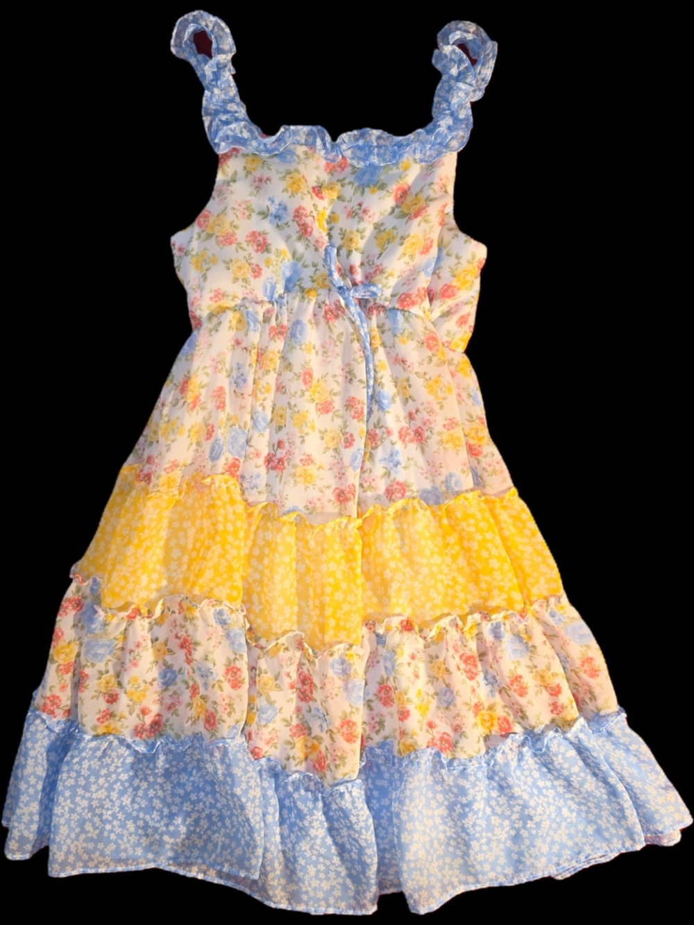 Jona Michelle Yellow & Blue Floral Tiered Dress